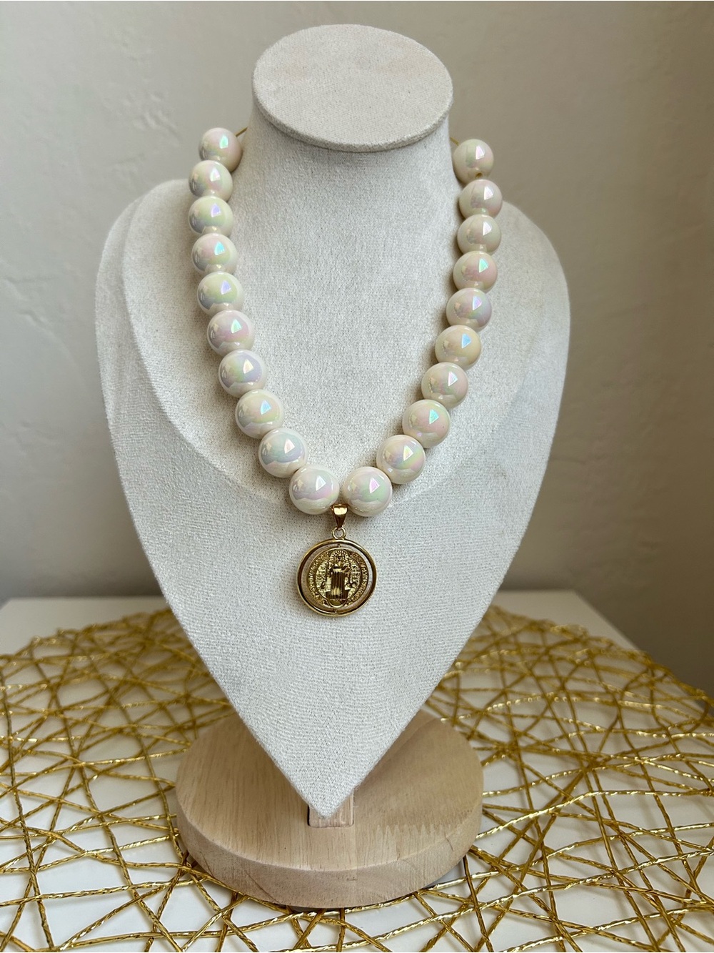 Pearlescent Beige Bead Necklace with Gold Medallion